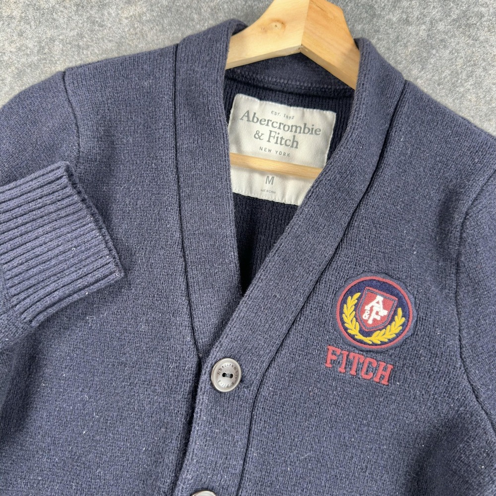 Abercrombie & Fitch‎ Sweater Mens Medium Blue Cardigan Crest Logo Pockets Knit